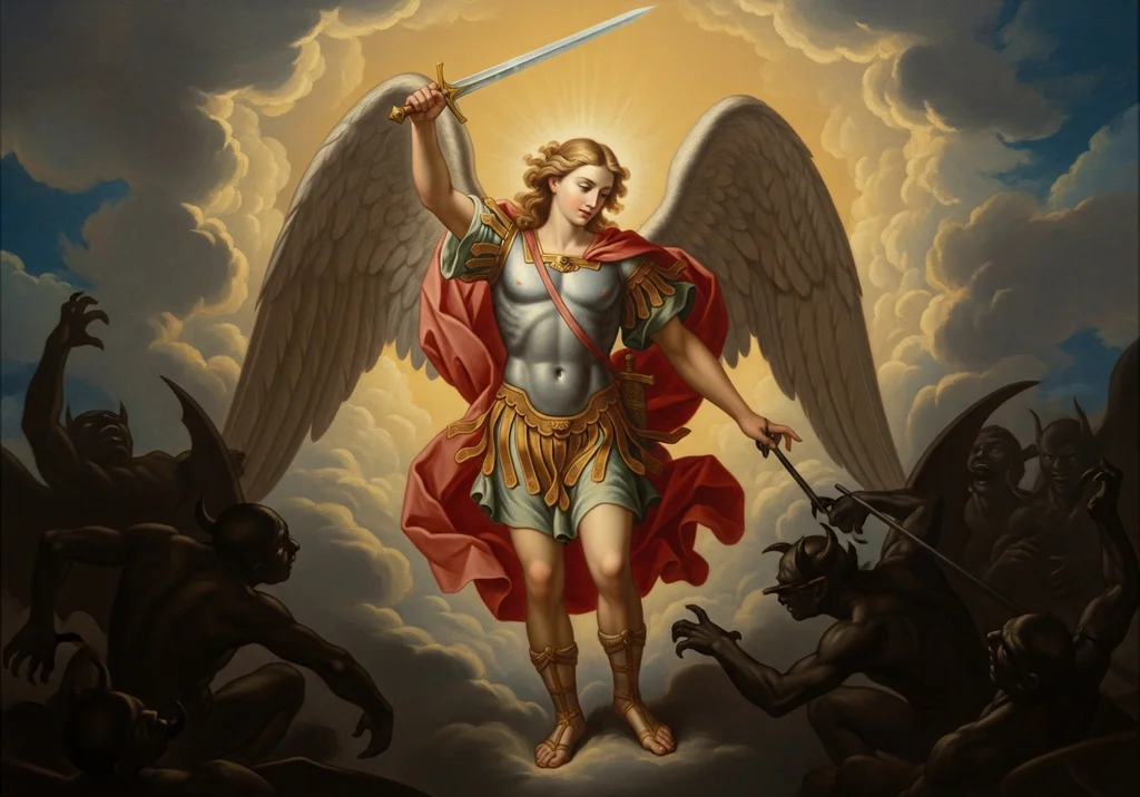 Archanioł Michał w zbroi i z mieczem walczy z demonami pośród chmur.