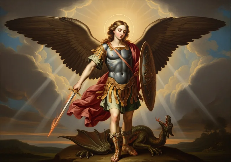 Archanioł Michał walczy ze smokiem, dzierżąc miecz i tarczę.