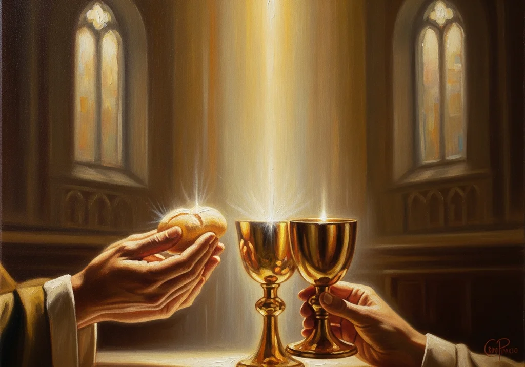 Obraz przedstawia ręce trzymające opłatek i kielich podczas komunii świętej.