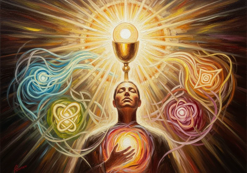 Ilustracja duchowa: święty kielich nad głową, strumienie energii i symbole przemiany wokół człowieka.