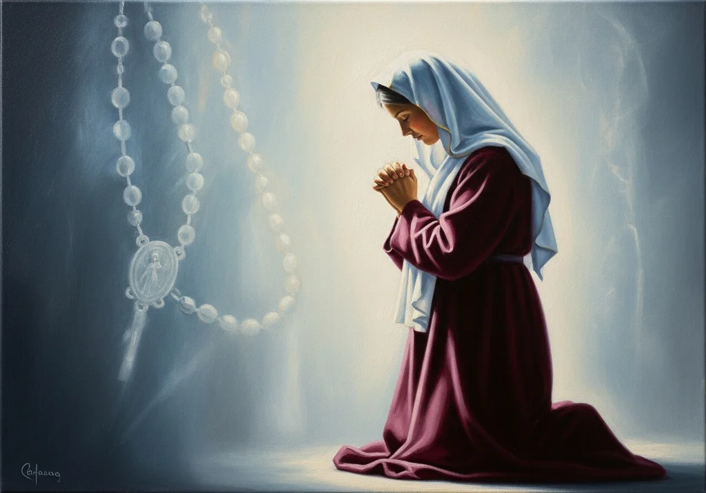Obraz: Kobieta w welonie odmawia różaniec, modląc się klęcząc.