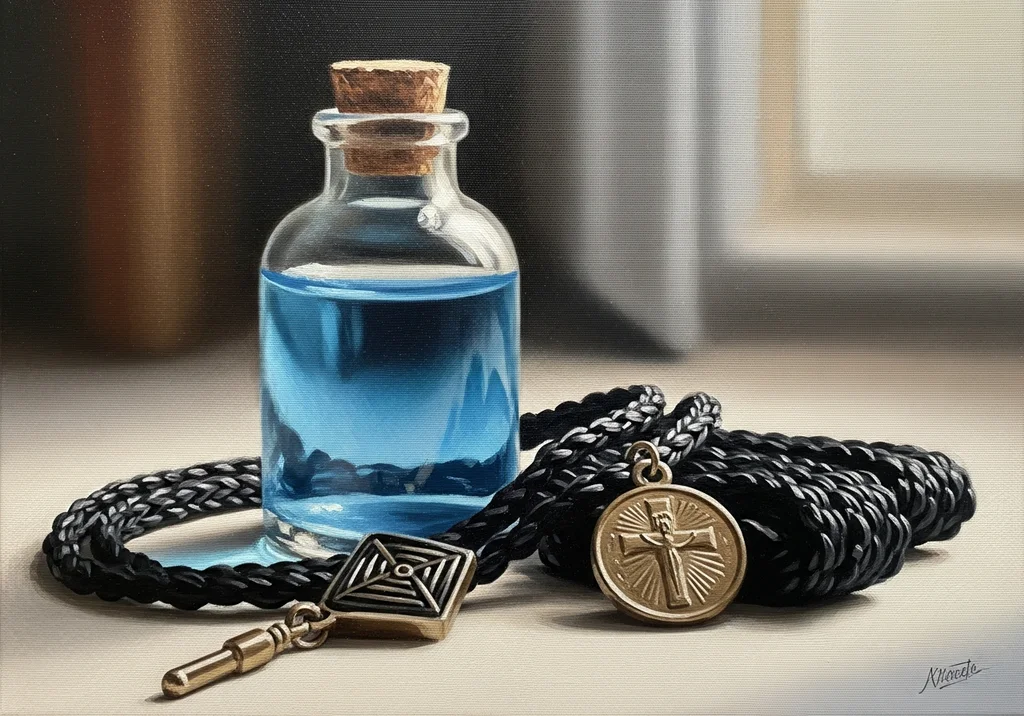 Buteleczka z niebieską wodą, szkaplerz i medalik z krzyżem na tle.