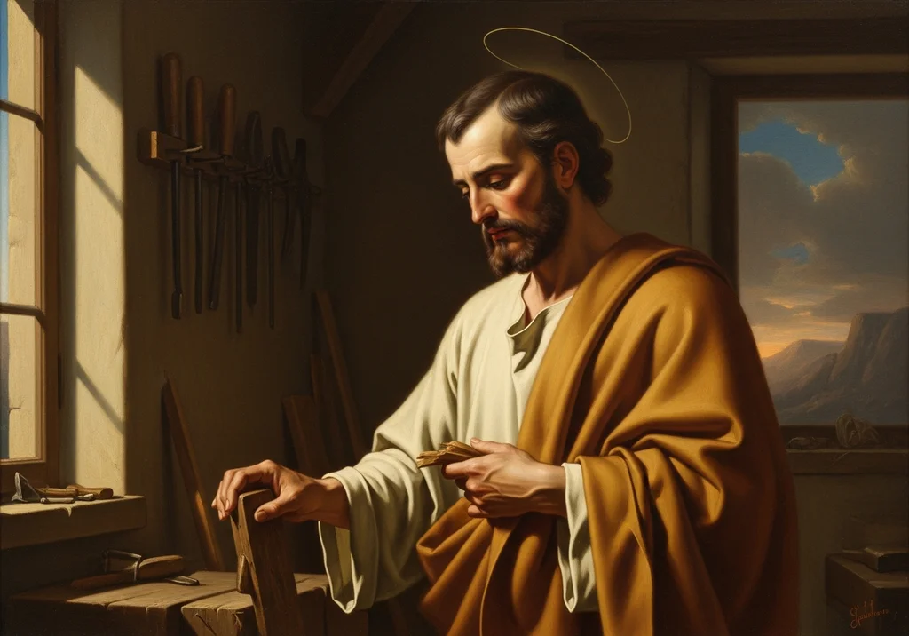 Święty Józef w swoim warsztacie, otoczony narzędziami, z aureolą.