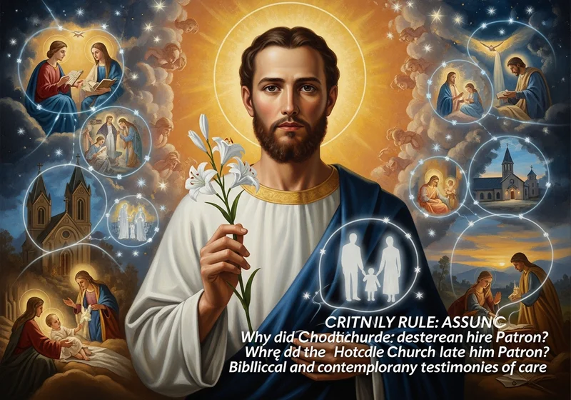 Obraz przedstawia Jezusa z lilią w dłoni, otoczonego symbolami opieki i Kościoła.