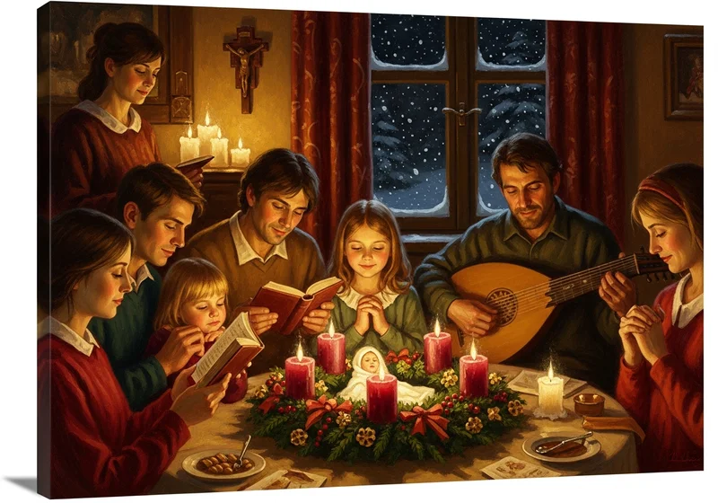 Rodzina gromadzi się wokół adwentowego wieńca, śpiewając i czytając przy świecach.