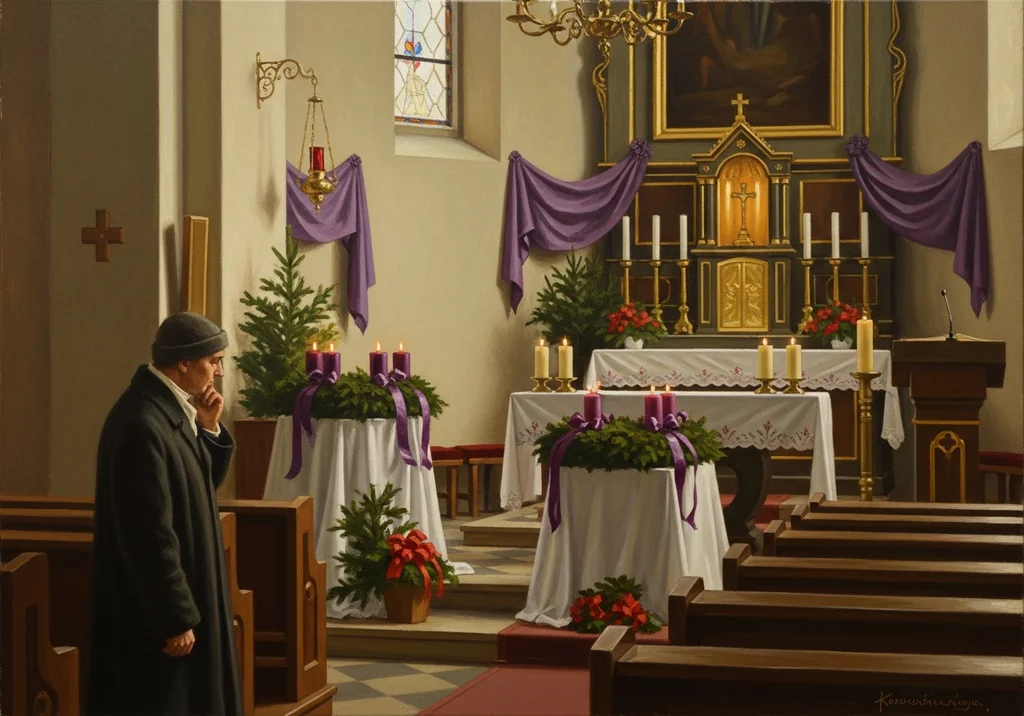 Adwentowe dekoracje w kościele z wieńcem adwentowym i modlącym się mężczyzną.