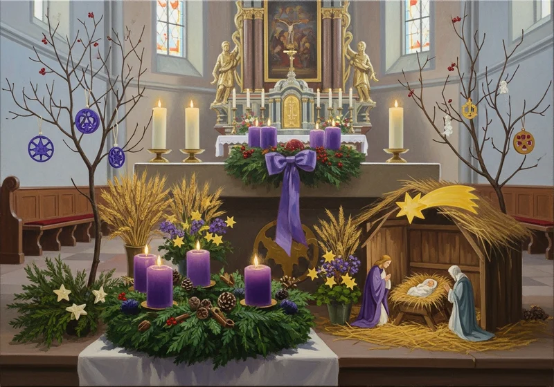 Kościelne dekoracje adwentowe: żłóbek, wieniec adwentowy z fioletowymi świecami i drzewka ozdobione.