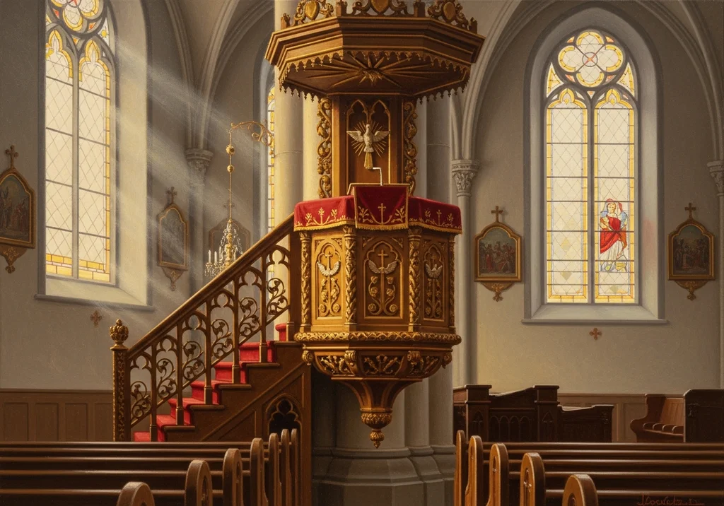 Drewniana ambona w kościele z ozdobnymi ornamentami i witrażami, oświetlona promieniami słońca.