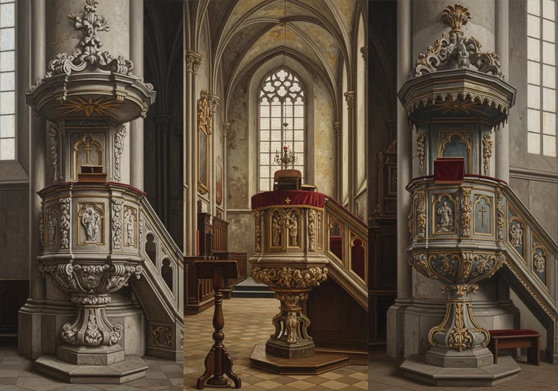 Trzy zabytkowe ambony kościelne z detalami rzeźbiarskimi i dekoracjami.