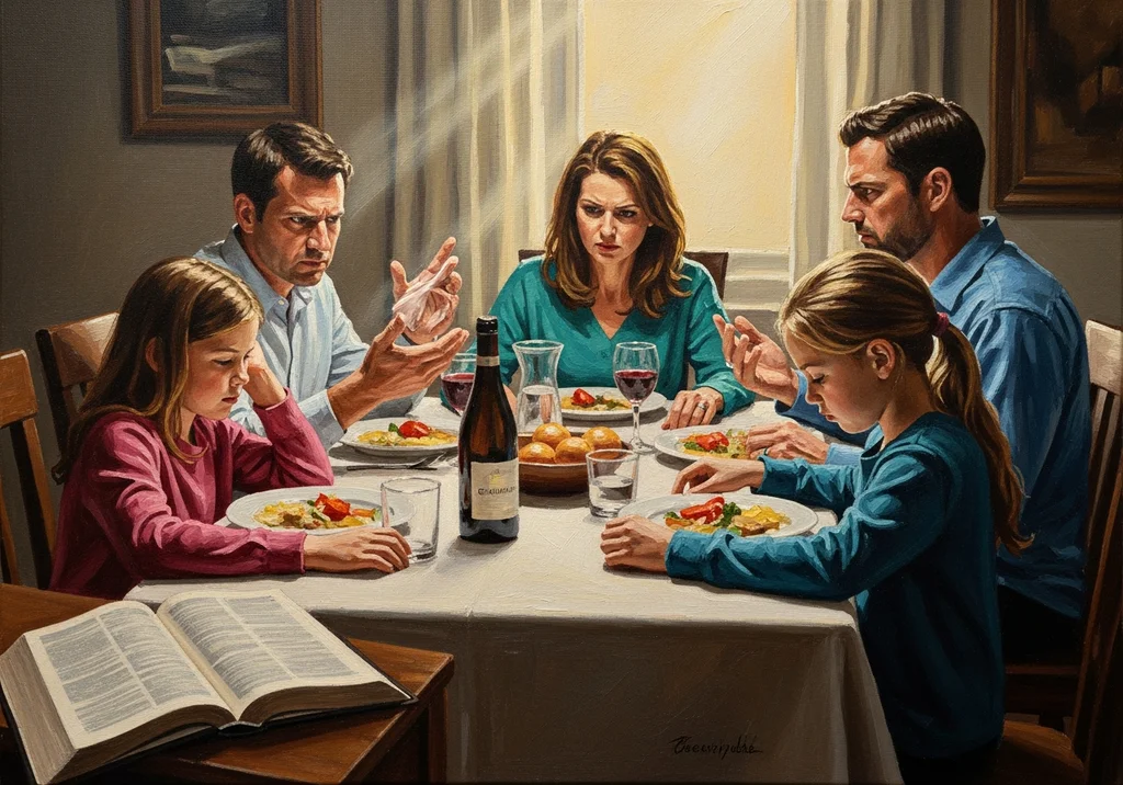 Rodzina podczas burzliwej rozmowy przy stole, z otwartym Pismem Świętym.