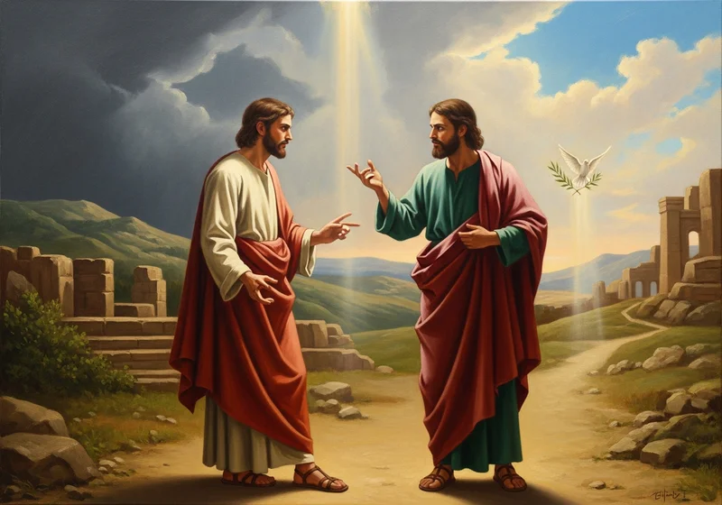 Dwaj mężczyźni w szatach dyskutują na tle biblijnego krajobrazu z gołębicą.