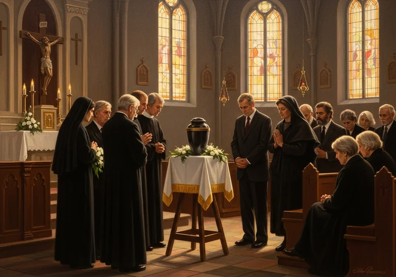 Pogrzeb z kremacją w kościele katolickim, podczas którego żałobnicy modlą się przy urnie.