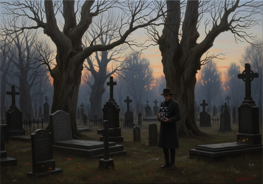 Mężczyzna w kapeluszu z kamerą na starym cmentarzu o wschodzie słońca.