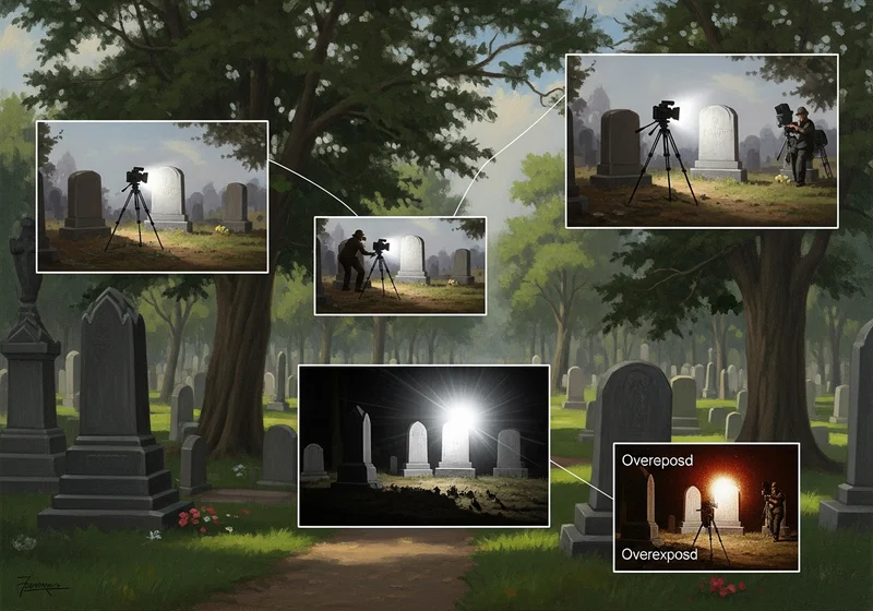 Scena filmowania na cmentarzu z aparatem i światłami, z przybliżeniami różnych ujęć.