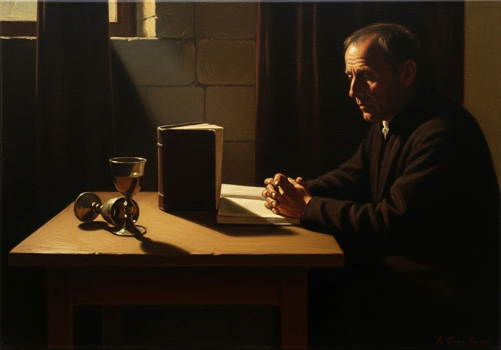 Modlący się mężczyzna przed otwartą księgą, kielich i księga na stole.