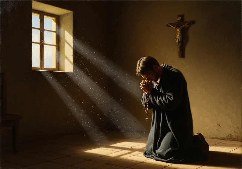 Modlący się mężczyzna na klęczkach w świetle okna, trzymający różaniec.