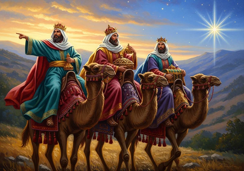 Trzech Króli na wielbłądach pod przewodnictwem Gwiazdy Betlejemskiej.