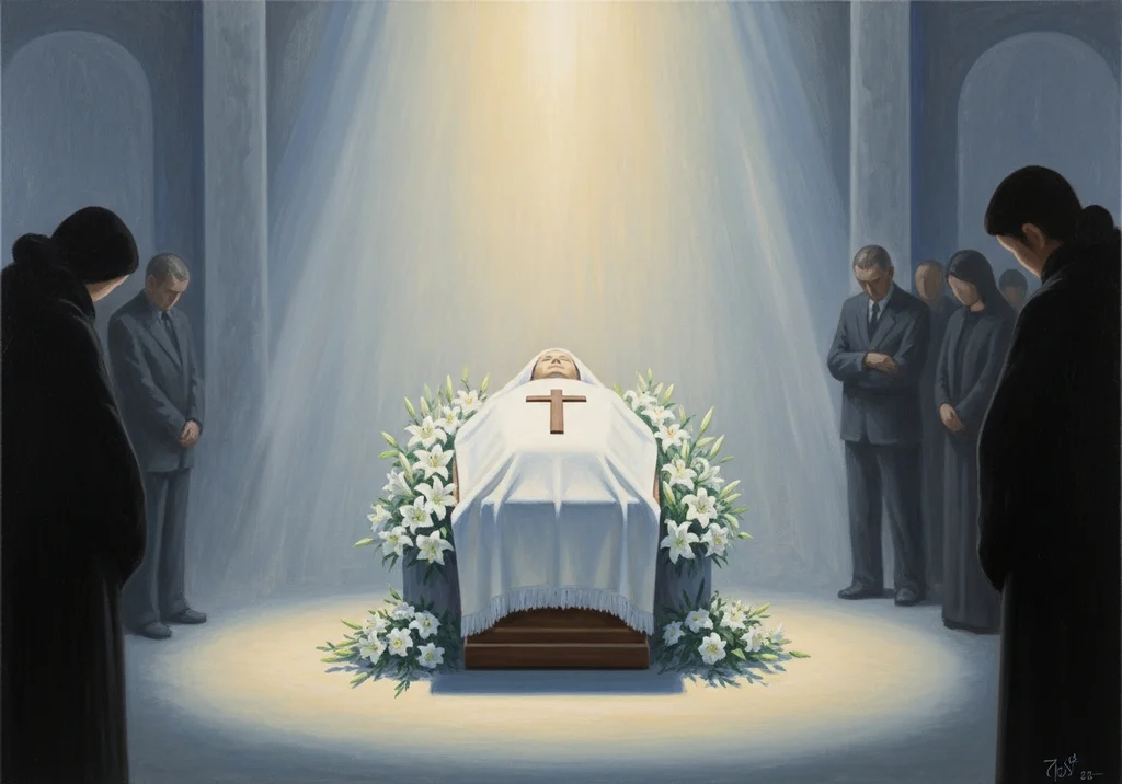 Pogrzebowa scena z ciałem w trumnie, otoczonym kwiatami, przy którym modlą się żałobnicy.