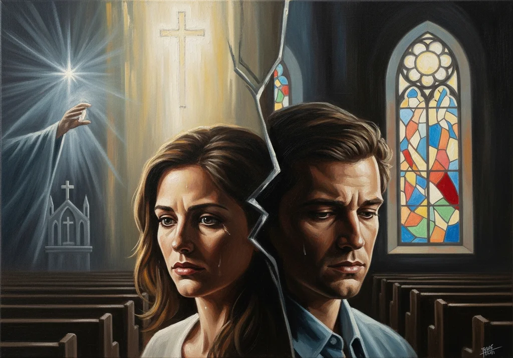 Rozdarta para w kościele, symbolizująca złamaną wierność małżeńską.