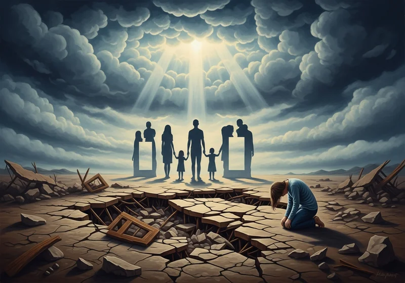 Ziemia pęka, rodziny stoją w świetle nieba, kobieta klęczy wśród ruin.