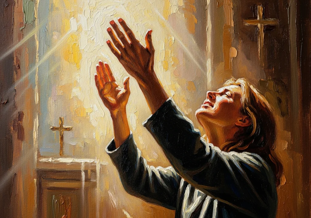 Kobieta z rękami wzniesionymi ku górze modli się w kościele oświetlonym promieniami słońca.