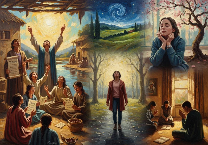 Ludzie modlący się i śpiewający Psalmy na tle krajobrazów i kwitnącej wiśni.