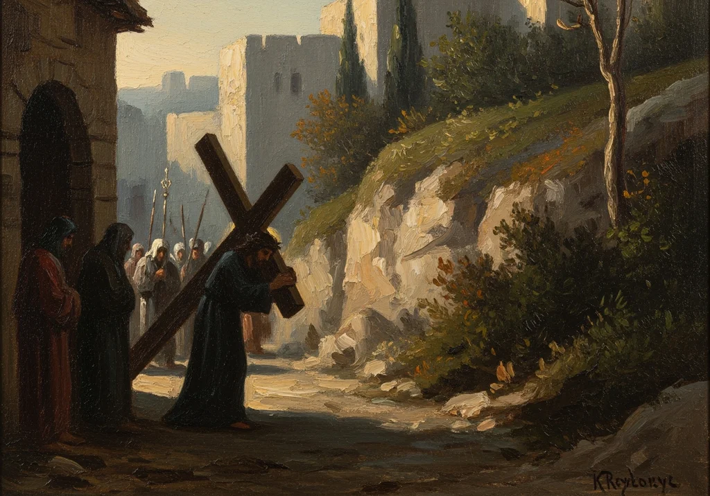 Droga Krzyżowa: Chrystus dźwiga krzyż w kierunku Jerozolimy.