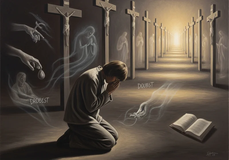 Symboliczna Droga Krzyżowa z postacią modlącego się człowieka, wątpliwościami i cytatami.