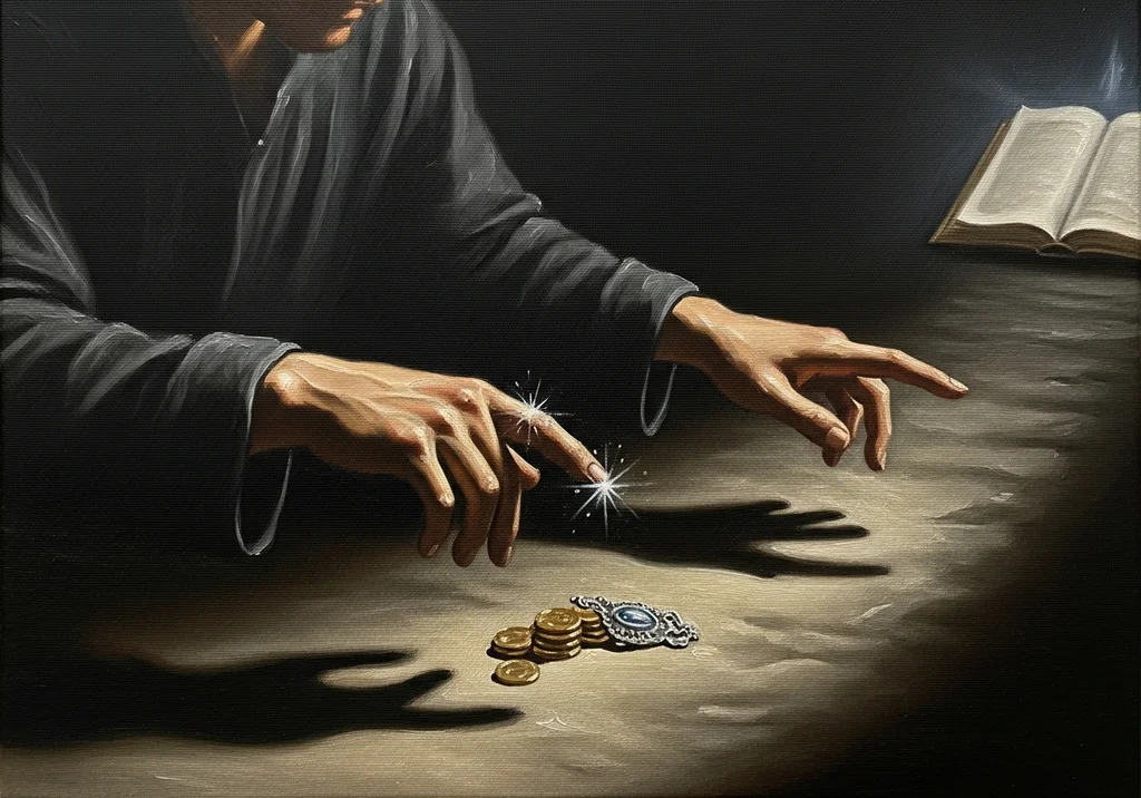 Malowidło przedstawiające postać w czarnej szacie, wyciągającą ręce nad stertą monet i medalionu, z otwartą księgą w tle.
