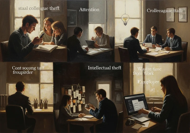 Sceny ilustrujące różne rodzaje kradzieży: intelektualnej, kradzieży czasu i kradzieży uwagi.