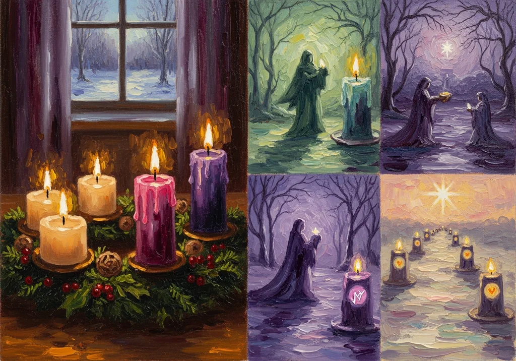 Obraz przedstawia kompozycje świec adwentowych, w tym wieniec adwentowy i samotne figury ze świecami w nastrojowych sceneriach.