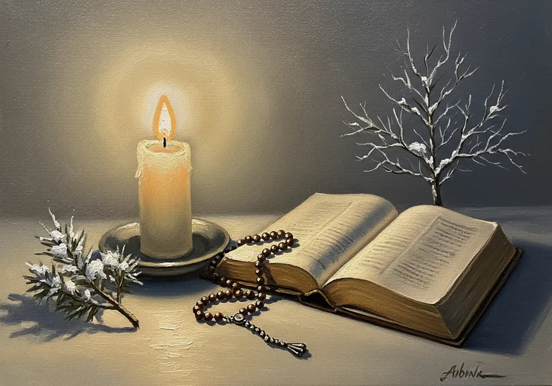 Otwarta książka, zapalona świeca, modlitewnik i gałązka iglaków ze śniegiem.