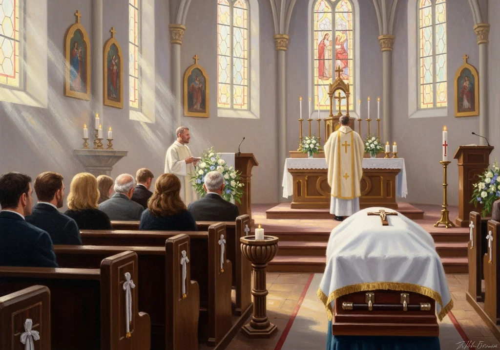 Pogrzeb katolicki w kościele, z trumną, księdzem i zgromadzonymi wiernymi.
