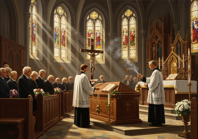 Katolicka msza pogrzebowa przy trumnie z kadzidłem i wiernymi.
