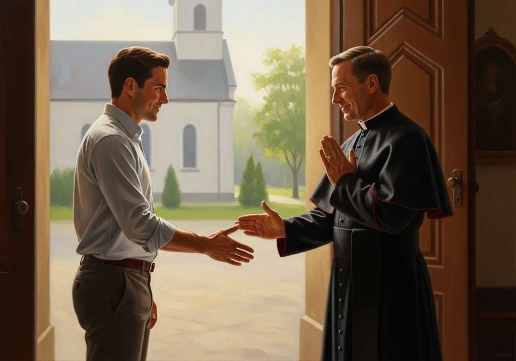 Ksiądz w czarnej sutannie wita mężczyznę w jasnej koszuli przed kościołem.