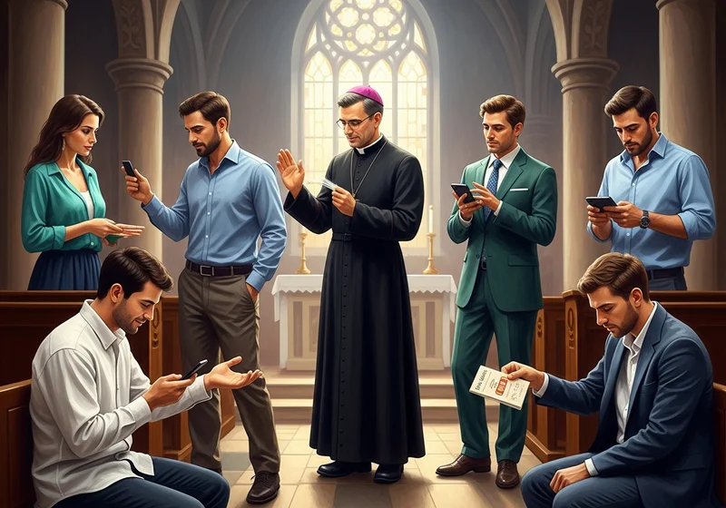 Ludzie w kościele patrzą w telefony, ksiądz trzyma coś w rękach.