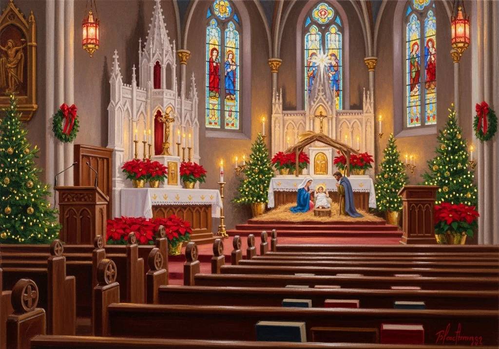 Kościół udekorowany na Boże Narodzenie: szopka, choinki, poinsecje i witraże.