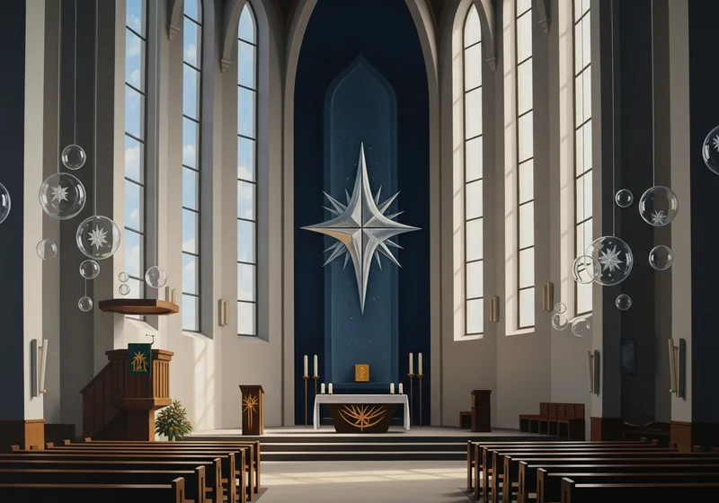 Nowoczesne wnętrze kościoła z minimalistycznymi ozdobami i gwiazdą betlejemską.