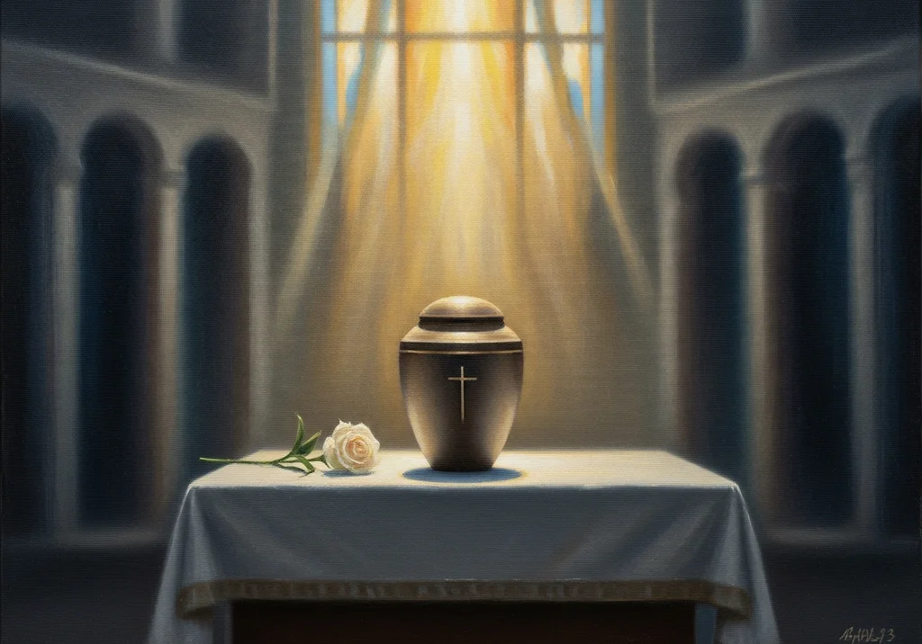Urna z krzyżem i biała róża na tle światła wpadającego przez okno kościelne.