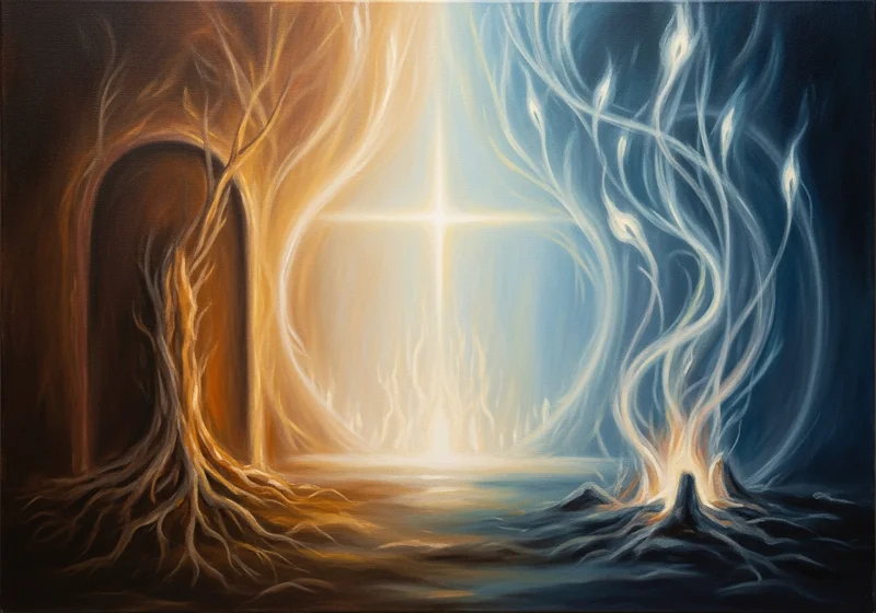 Symboliczny podział na życie (ogień) i śmierć (zimne światło), zjednoczone w jednym punkcie.