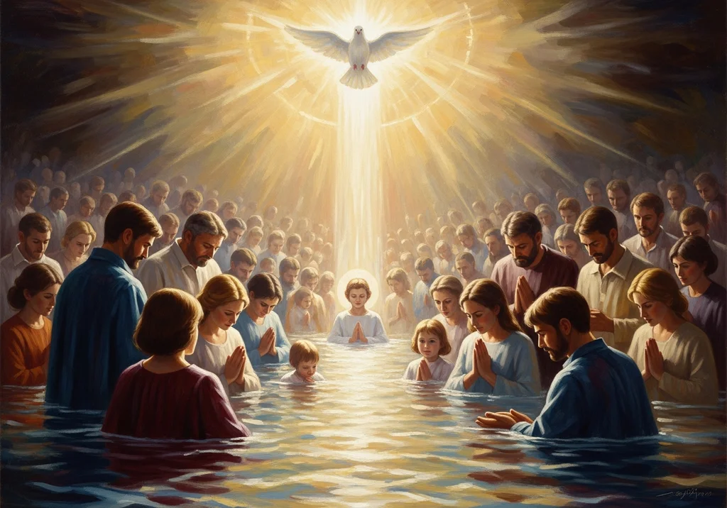Chrzest jako brama wiary: gromadzący się ludzie i Duch Święty w postaci gołębicy.