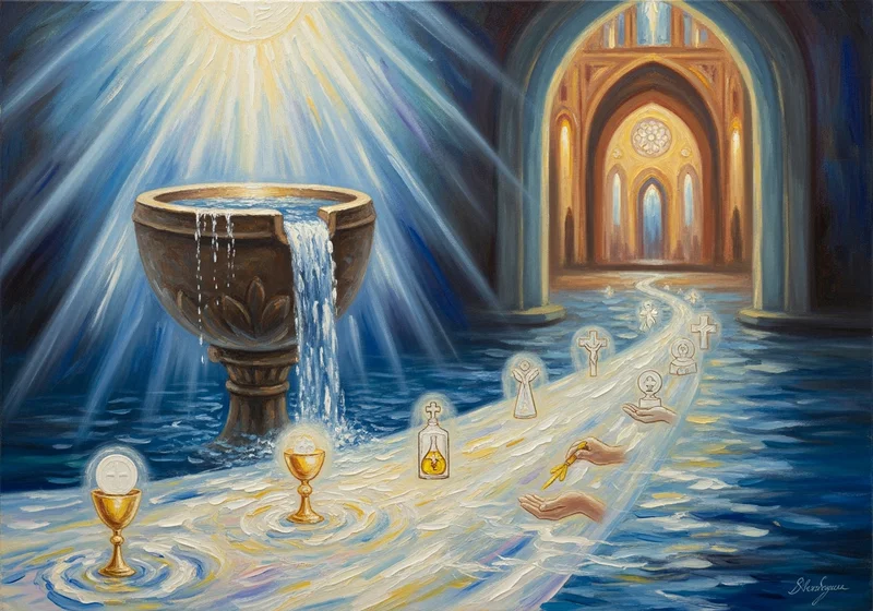 Chrzcielnica, kielichy i krzyże na drodze światła w kościelnym wnętrzu.