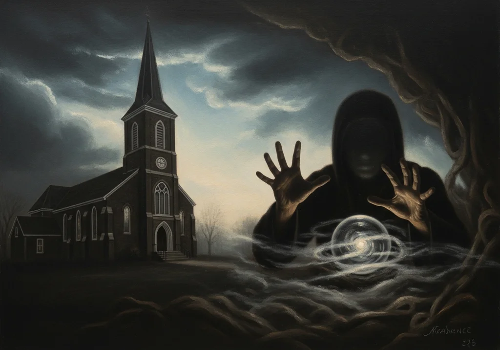 Mroczna postać w kapturze z kulą przepowiadającą przyszłość na tle kościoła.