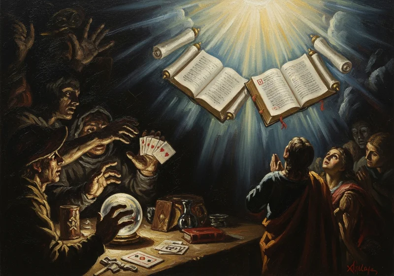 Postacie zgromadzone wokół stołu z kryształową kulą i kartami, w blasku światła z ksiąg.