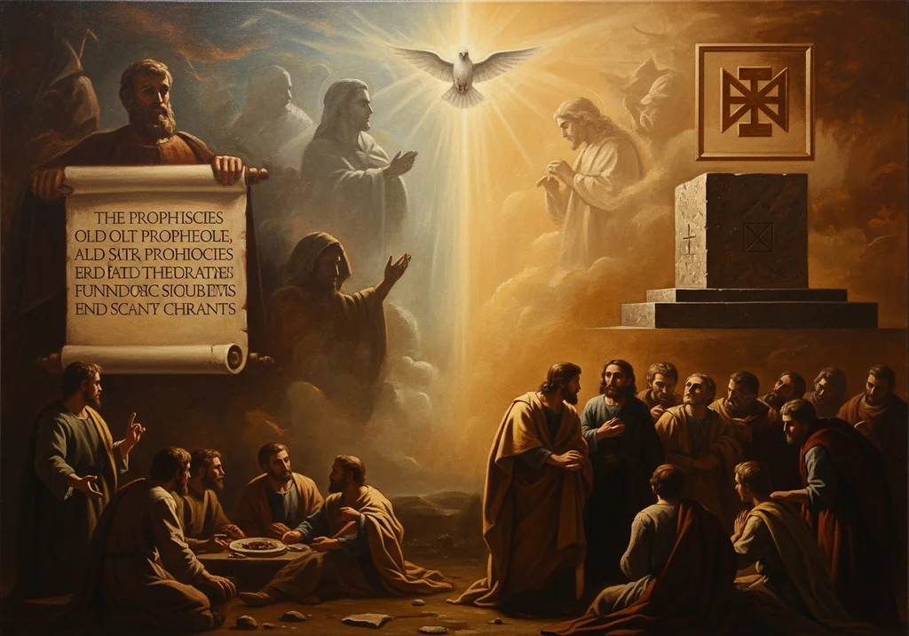 Obraz apokaliptyczny przedstawiający postacie biblijne i symbol Ducha Świętego.