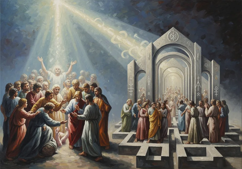 Jezus w otoczeniu uczniów, światło prowadzi ich do arkadowej budowli.