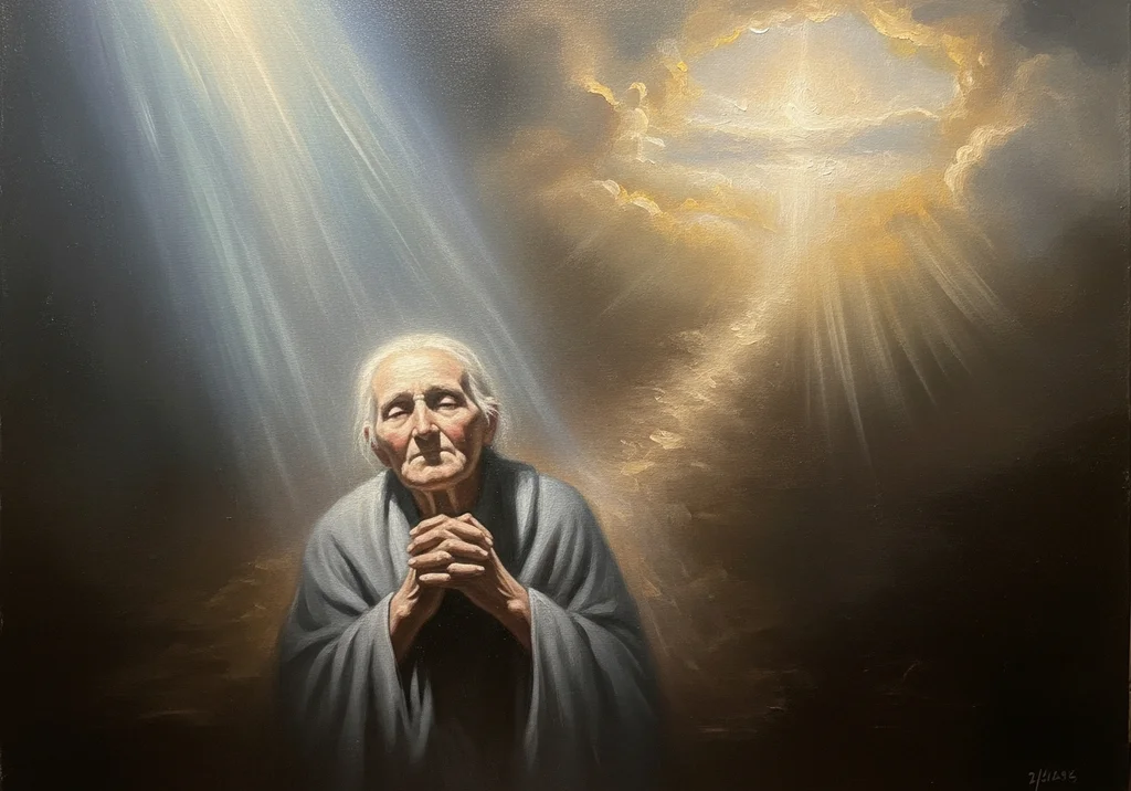 Starzec z modlitewnie złożonymi rękami w promieniach światła niebiańskiego.