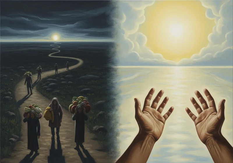 Dwie części obrazu: grupa ludzi idąca w ciemnościach i ręce wyciągnięte ku słońcu.