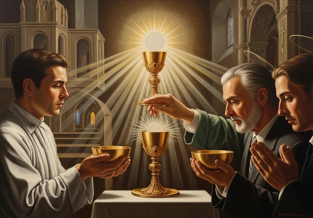 Komunia Święta: młody kleryk i starszy kapłan przyjmujący hostię.