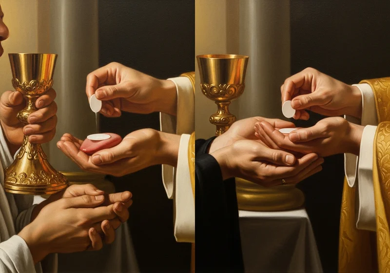 Dłoń podaje Komunię Świętą do ust i na rękę.